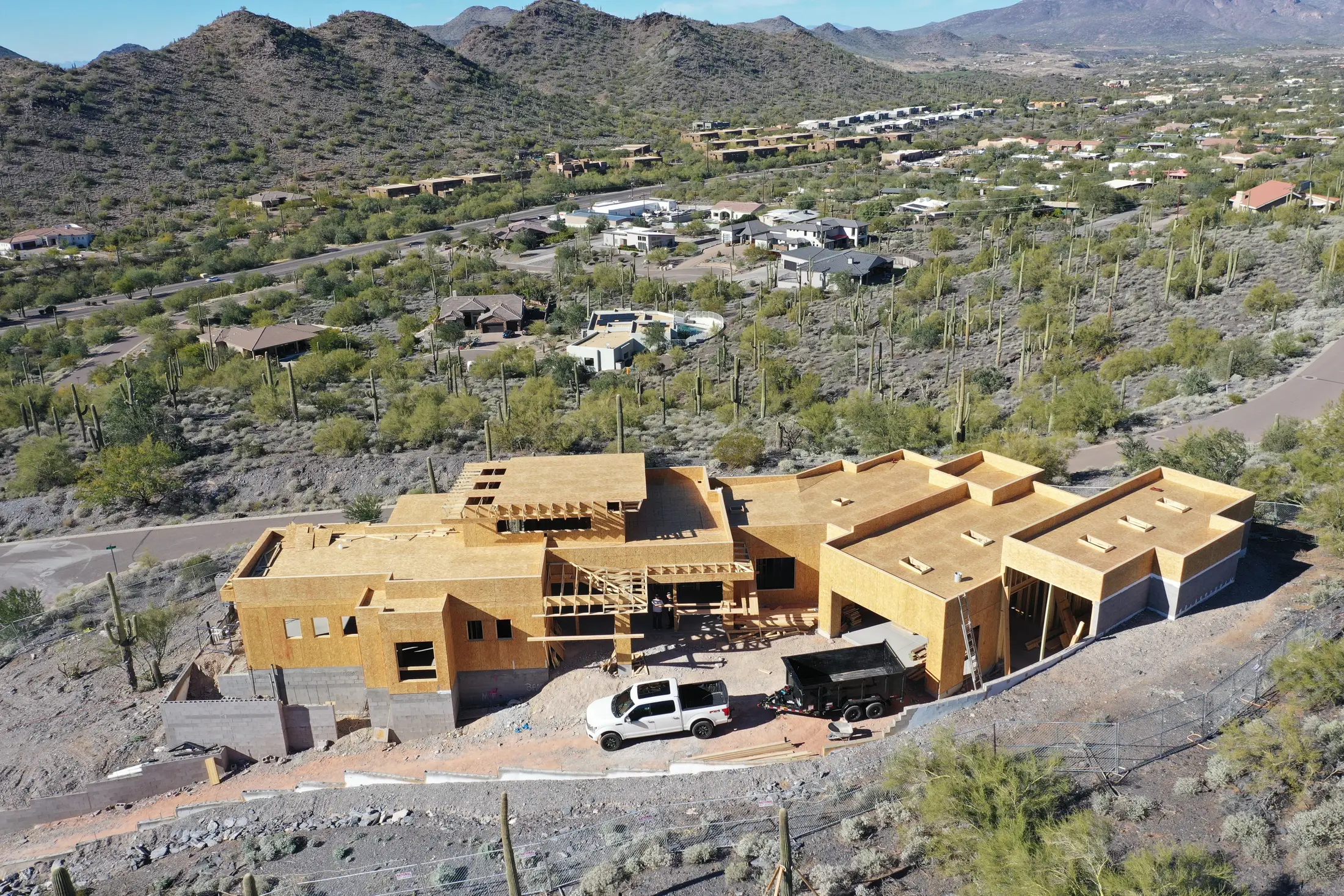Drone view of a custom home build in the desert foothills